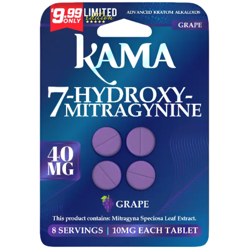 Grape-flavored 7-hydroxy-mitragynine tablets.