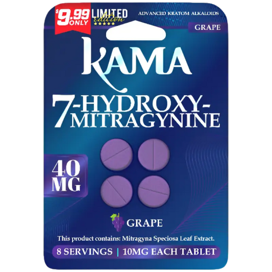 Grape-flavored 7-hydroxy-mitragynine tablets.