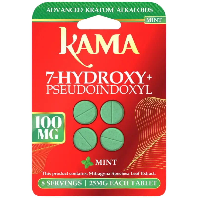 Red and green product package containing Kama brand kratom tablets.