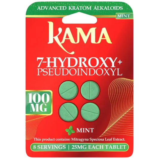 Red and green product package containing Kama brand kratom tablets.