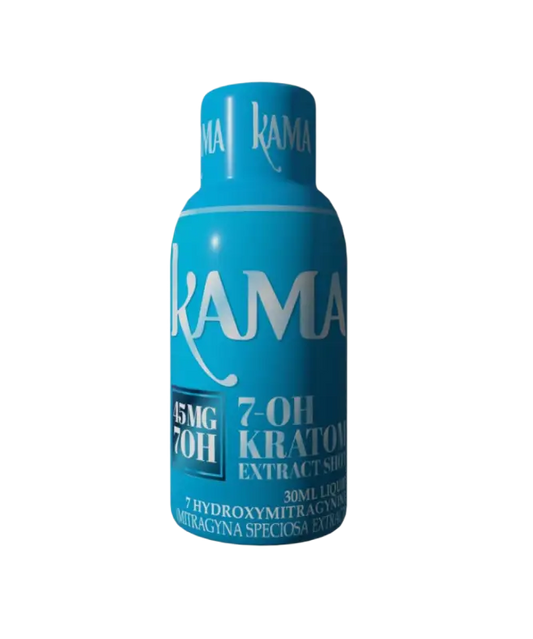 Blue bottle labeled ’KAMA’ containing kratom extract.