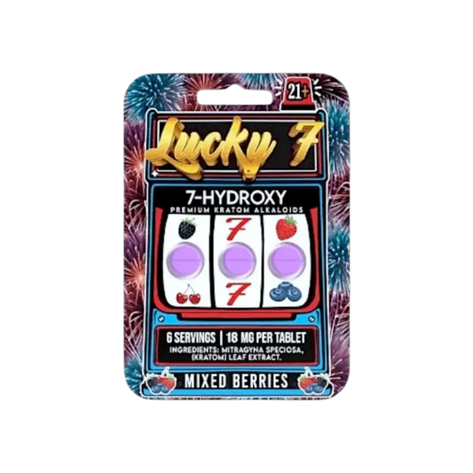 Lucky 7 brand hydroxy supplement package with a slot machine design and mixed berries flavor.