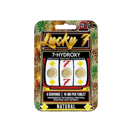 Lucky 7 brand 7-hydroxy supplement package with a slot machine design theme.