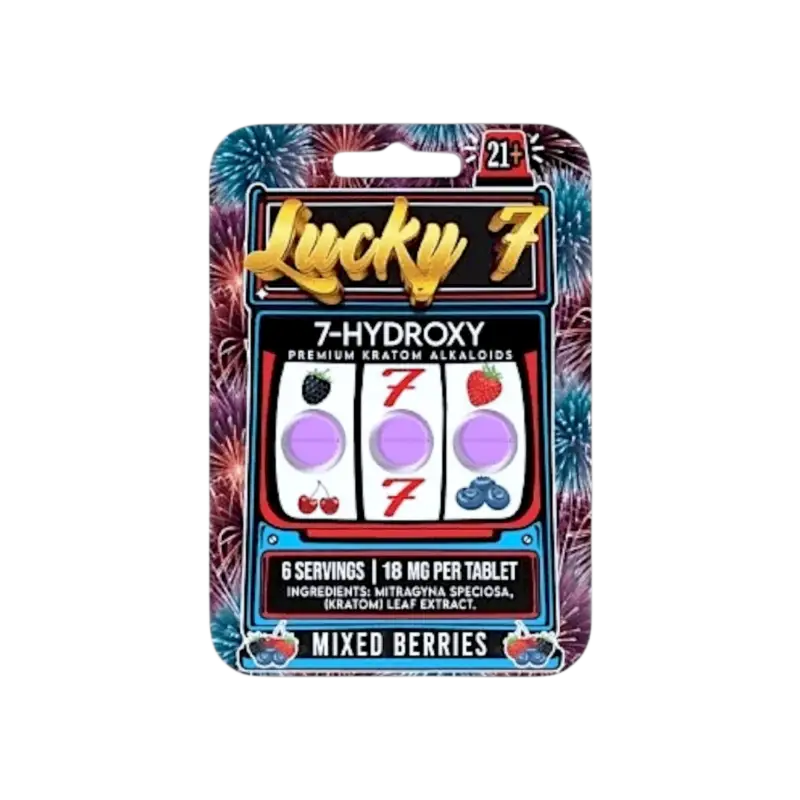 Lucky 7 brand hydroxy supplement package with a slot machine design and mixed berries flavor.