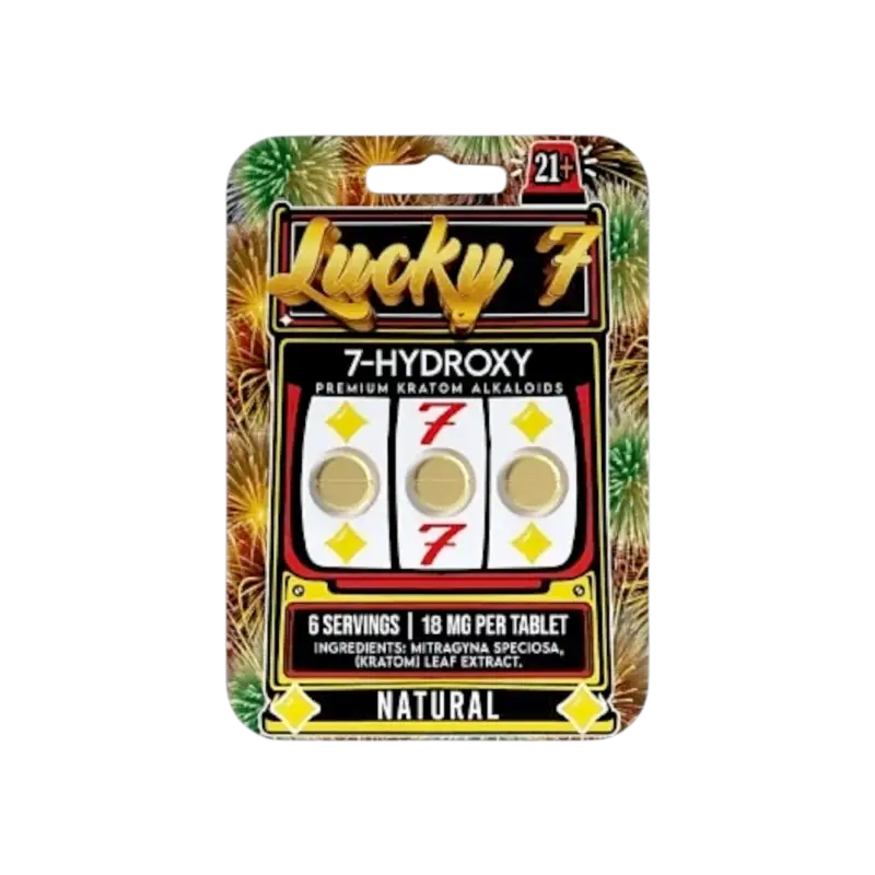 Lucky 7 brand 7-hydroxy supplement package with a slot machine design theme.