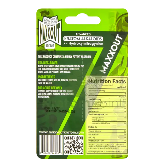 Maxxout kratom alkaloids package.