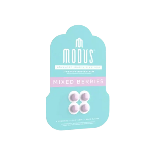 Modus brand mixed berries cannabis edibles package in turquoise and purple colors.