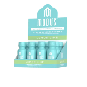 Display box containing Modus Lemon Lime supplement bottles in turquoise packaging.