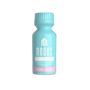 Light blue bottle with ’Modus’ branding and ’Mixed Berry’ flavor text.