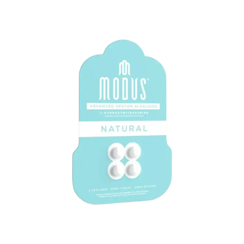 Turquoise product packaging containing white button-like objects labeled ’Modus Natural’