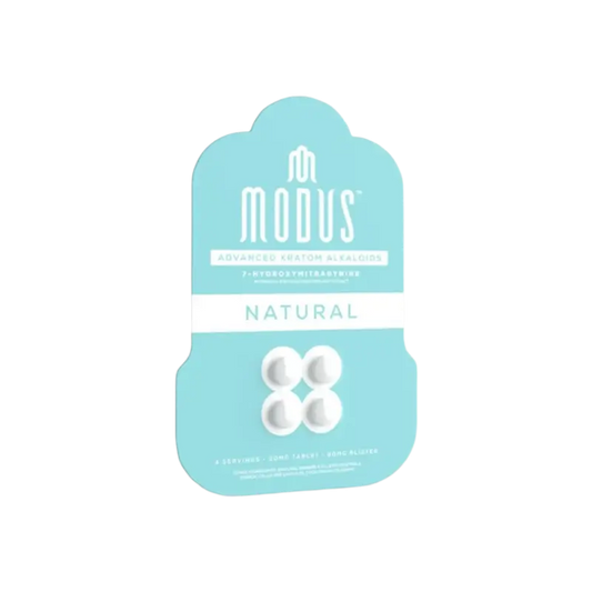 Turquoise product packaging containing white button-like objects labeled ’Modus Natural’