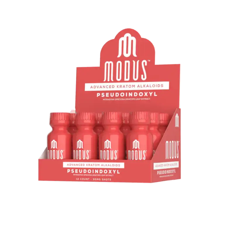 Product display box containing red bottles of Modus Pseudoindoxyl supplements.