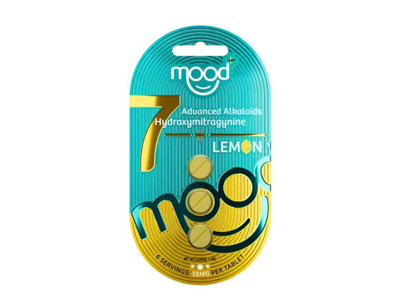 Teal and yellow mood-branded lemon-flavored hydrogum packaging with a smiley face design.