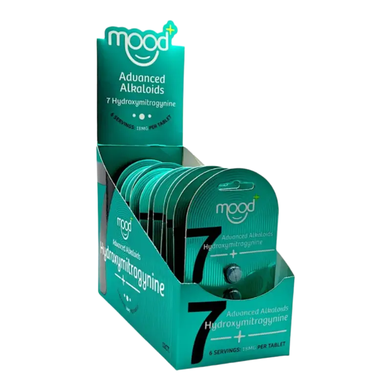 Display box containing Mood Advanced Alkaloids 7 Hydroxymitragynine packets in turquoise/teal coloring.