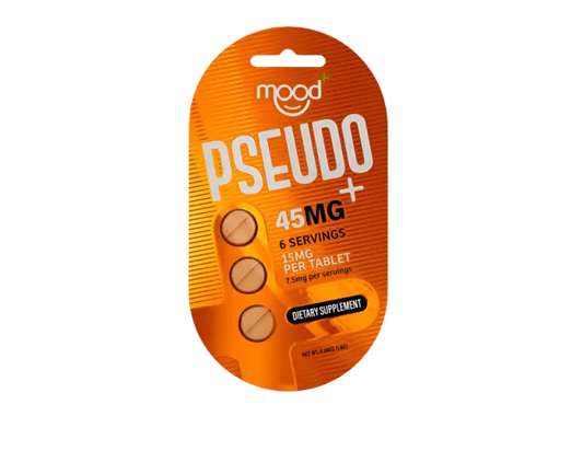 Orange product packaging for ’Pseudo’ 45mg dietary supplement with 3 servings.