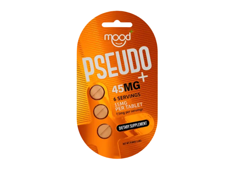 Orange product packaging for ’Pseudo’ 45mg dietary supplement with 3 servings.