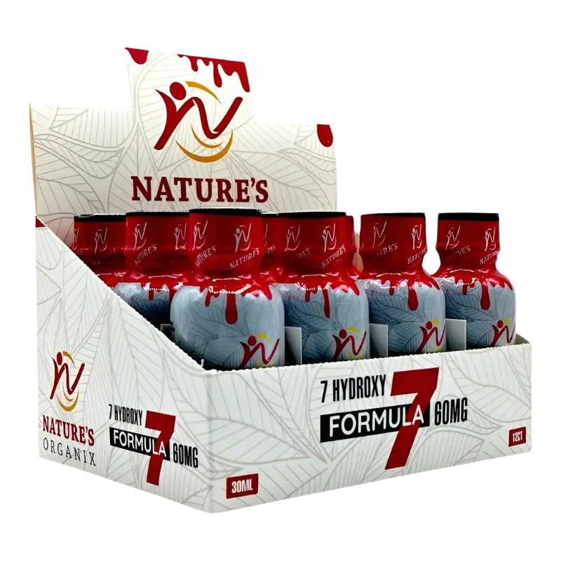 Display box of Nature’s Organix 7 Hydroxy Formula 60mg bottles.