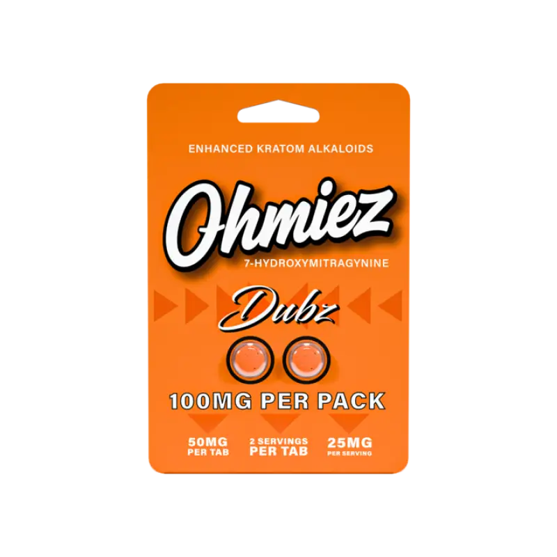 Orange package of ’Ohmiez Dubz’ kratom alkaloids.