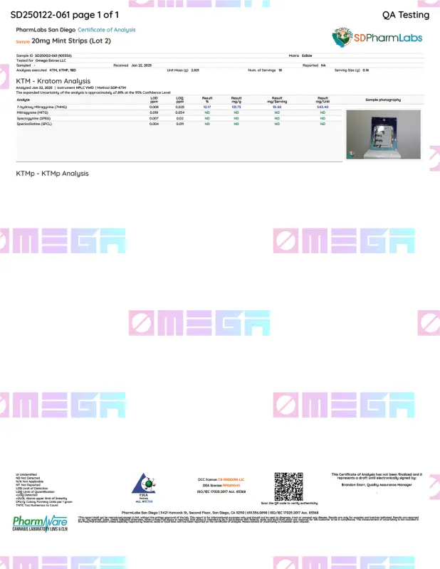 Laboratory test results document showing QA testing data.