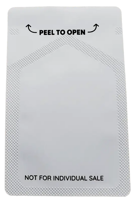 Sealed white foil packet with ’PEEL TO OPEN’ text and ’NOT FOR INDIVIDUAL SALE’ warning.