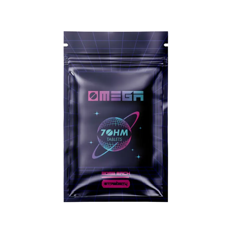 Black resealable pouch with neon pink and blue ’Omega 70hm’ branding and planet design.