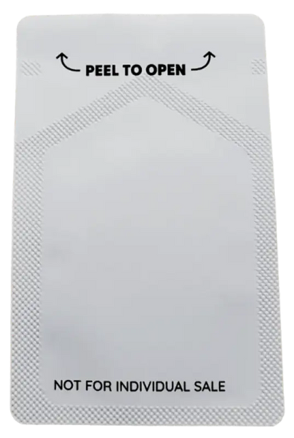 Sealed white foil packet with ’PEEL TO OPEN’ text and ’NOT FOR INDIVIDUAL SALE’ printed on it.