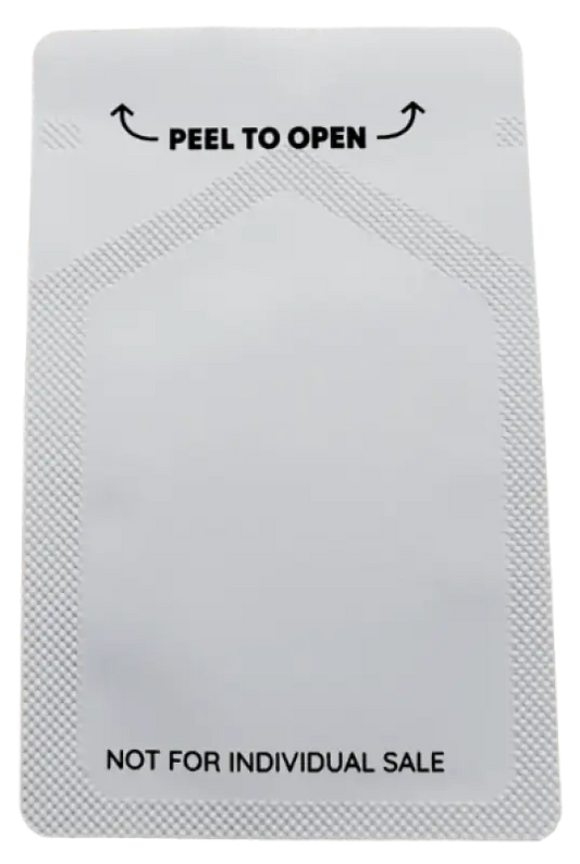 Sealed white foil packet with ’PEEL TO OPEN’ text and ’NOT FOR INDIVIDUAL SALE’ printed on it.