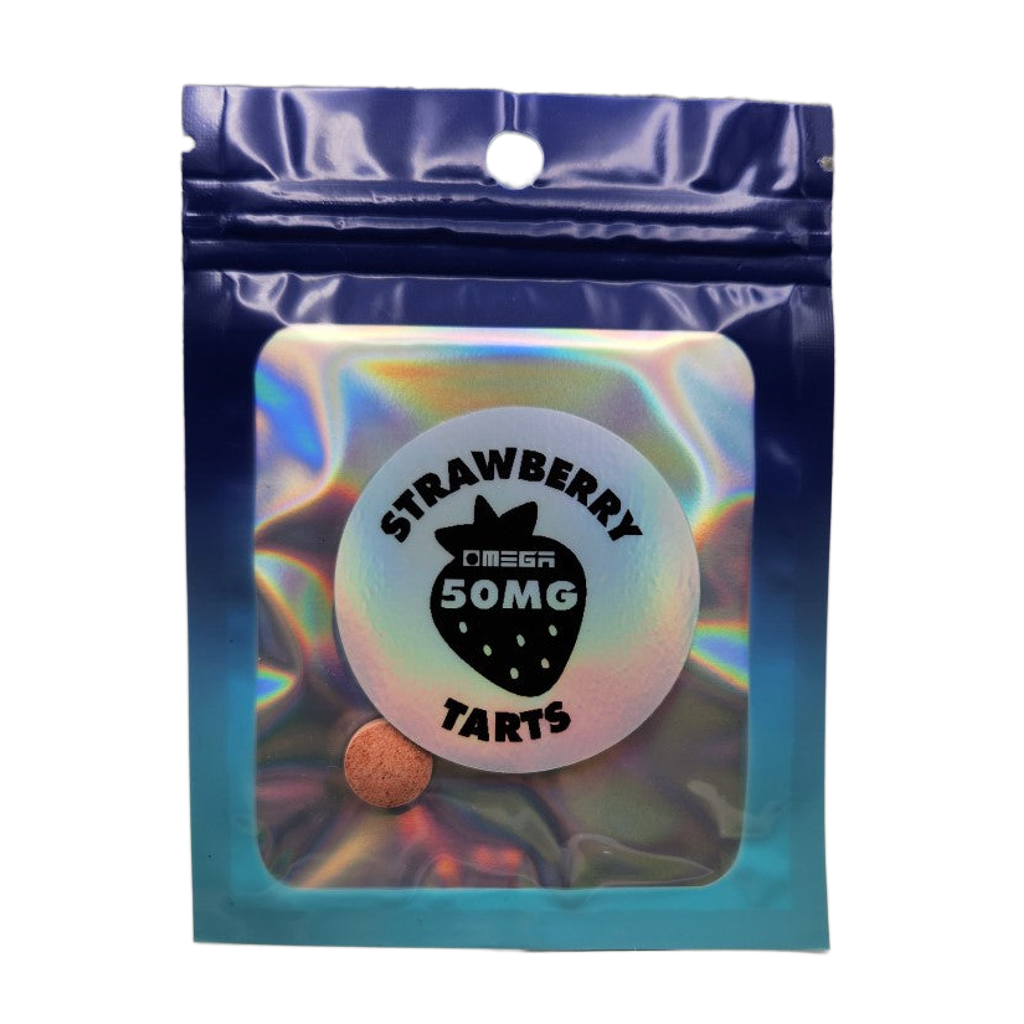 Holographic packaging bag for ’Strawberry Tarts’ with a 50mg label and berry icon.