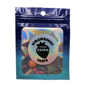 Holographic packaging bag for ’Strawberry Tarts’ with a 50mg label and berry icon.