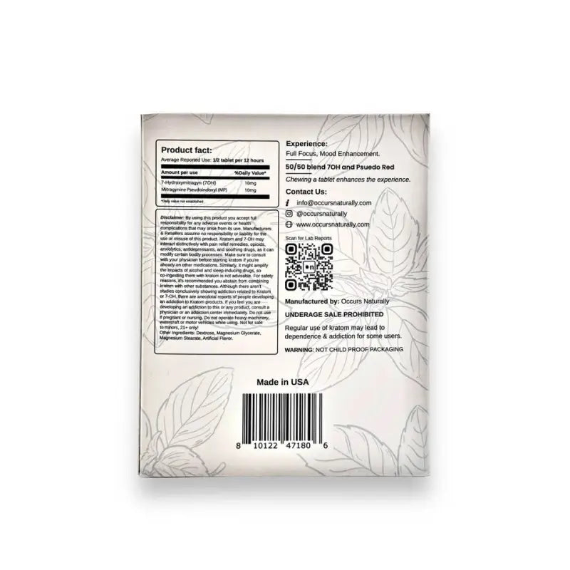 Product label or information panel with text, QR code, and decorative leaf pattern.