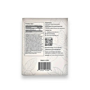 Product label or information panel with text, QR code, and decorative leaf pattern.