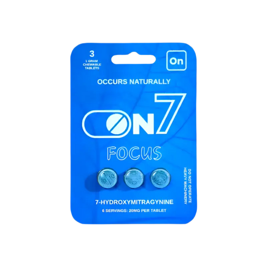 Blue product packaging for ON7 Focus tablets containing 3 pills.