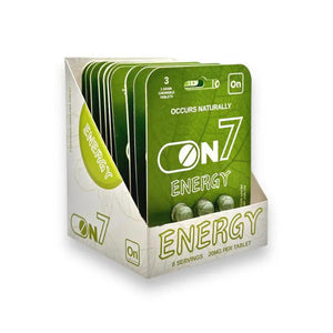 Display box containing green ON7 Energy drink packets.