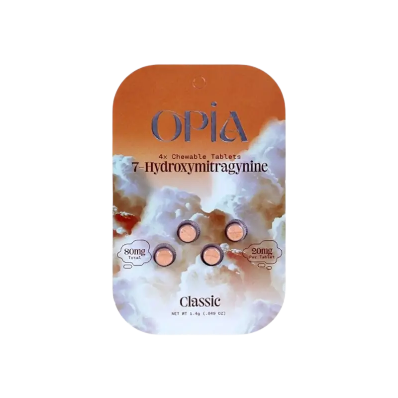 Orange-colored product packaging for OPIA 7-Hydroxymitragynine capsules.