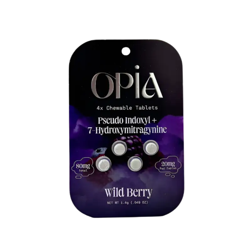 Package of OPIA chewable tablets in Wild Berry flavor.