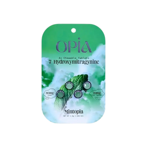 Green and white product packaging labeled ’OPIA’ with a chemical structure design.