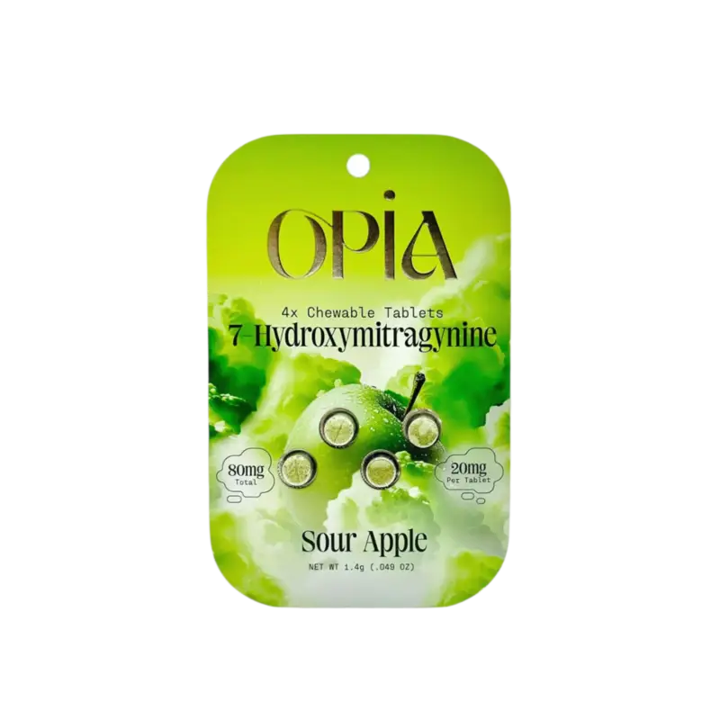 Green package of OPIA brand sour apple flavored chewable tablets.