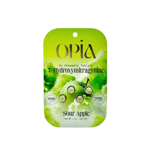 Green package of OPIA brand sour apple flavored chewable tablets.