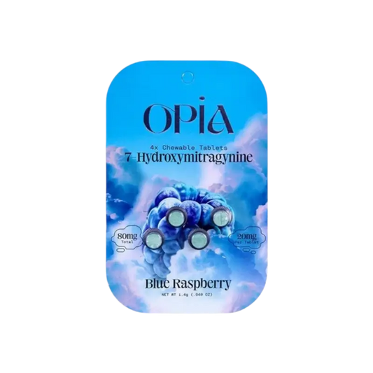 Blue raspberry flavored 7-hydroxymitragynine product package with a molecular structure design.