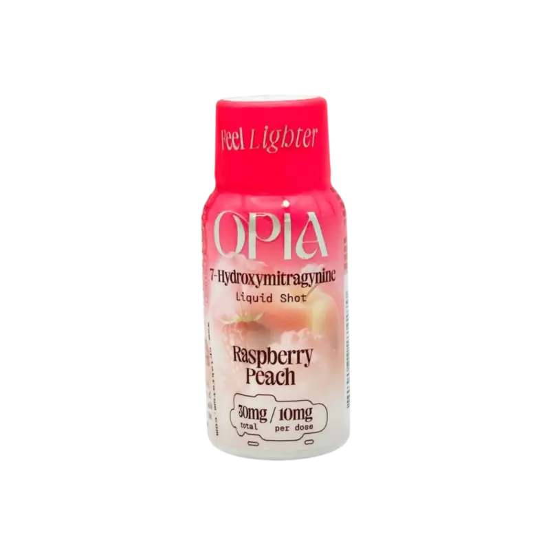 Pink and white bottle of Opia raspberry peach liquid shot.