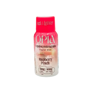 Pink and white bottle of Opia raspberry peach liquid shot.