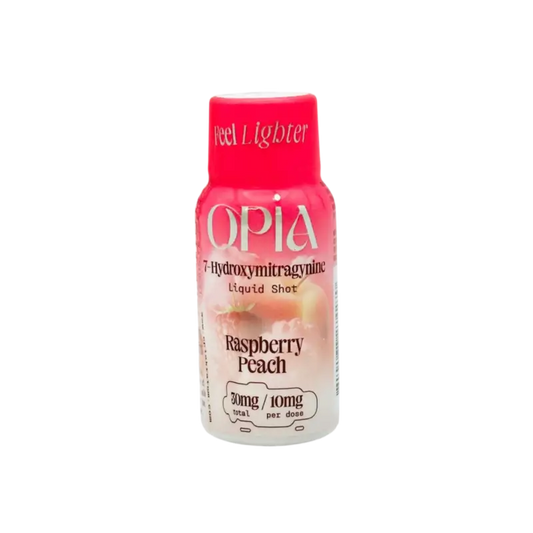 Pink and white bottle of Opia raspberry peach liquid shot.