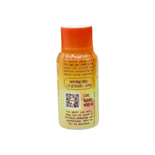 Orange-capped plastic bottle containing yellow liquid with a QR code on its label.