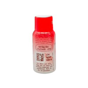 Red and white plastic bottle with a QR code on its label.