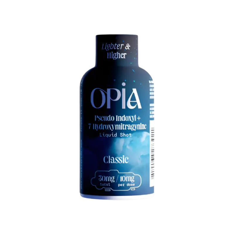 Dark blue bottle labeled ’OPIA’ with classic liquid shot text.