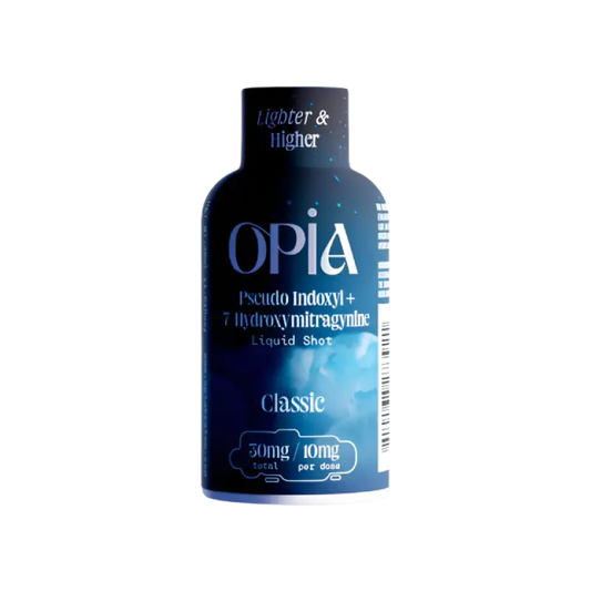 Dark blue bottle labeled ’OPIA’ with classic liquid shot text.