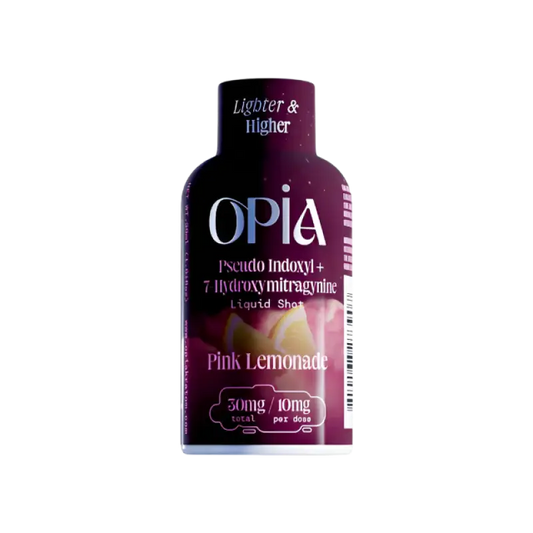 Purple bottle of Opia Pink Lemonade liquid shot containing mitragynine.