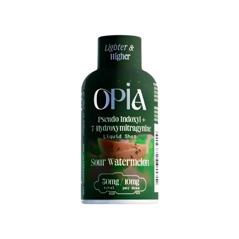 Dark green bottle labeled ’OPIA’ in sour watermelon flavor.