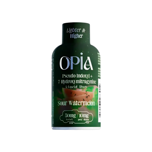 Dark green bottle labeled ’OPIA’ in sour watermelon flavor.