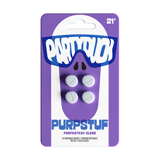 Purple packaging of 'Partypill' with white tablets on a white background